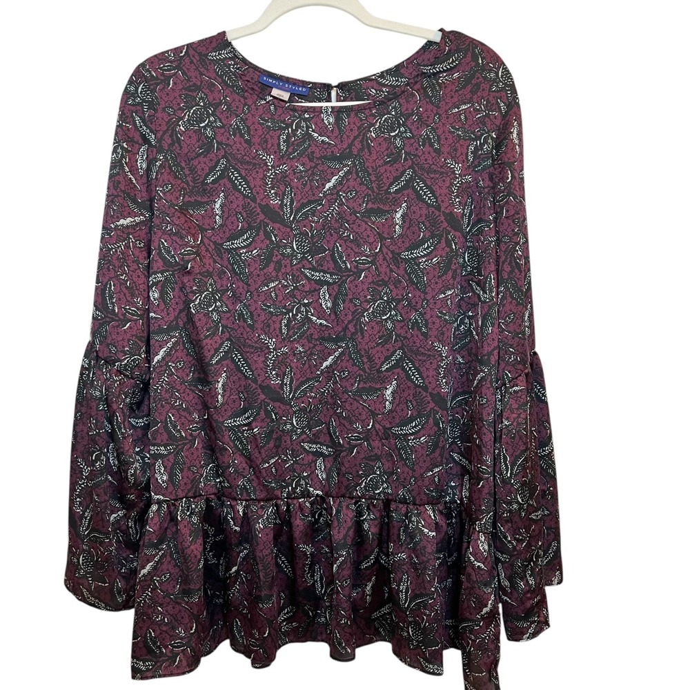 Simply Styled by Sears Women's Burgundy Floral Bell‎ Sleeve Peplum Tunic Top XL